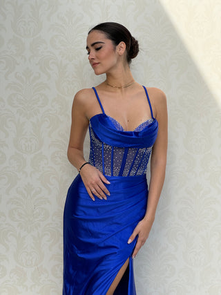 Abito Stellato con corpetto a stecche e brillantini con spacco e gonna in raso leggero