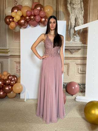 Abito Amelia in Chiffon con Bustino in Pizzo intrecciato
