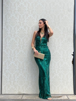 Abito Giada modello a sirena in tessuto stretch con scollo a goccia sulla schiena