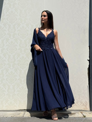 Abito Sophie con corpetto in pizzo ricamato e gonna in chiffon con spacco