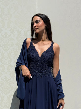 Abito Sophie con corpetto in pizzo ricamato e gonna in chiffon con spacco